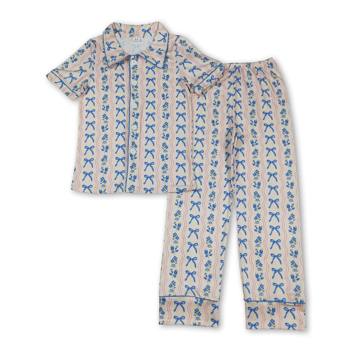 Short sleeves blue bow floral women button down pajamas