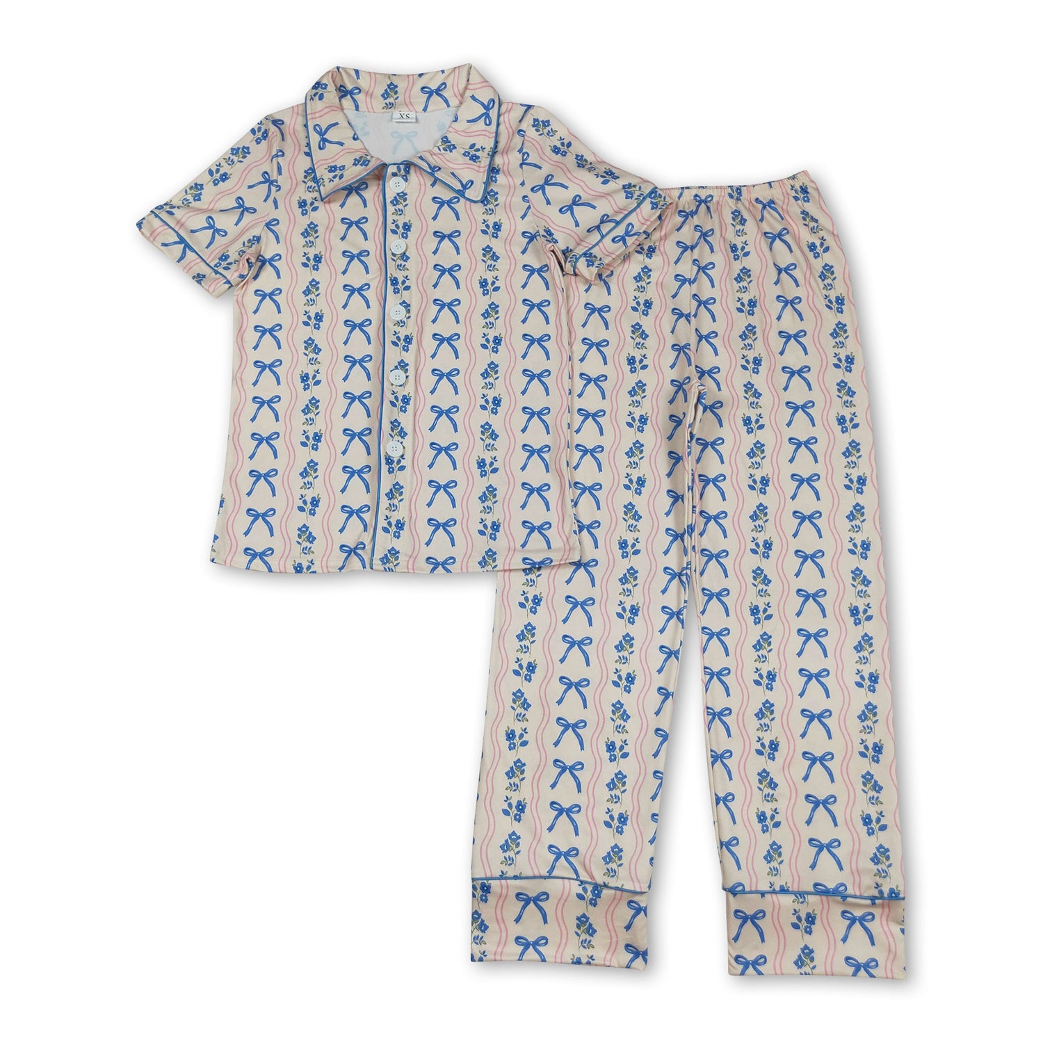 Short sleeves blue bow floral women button down pajamas