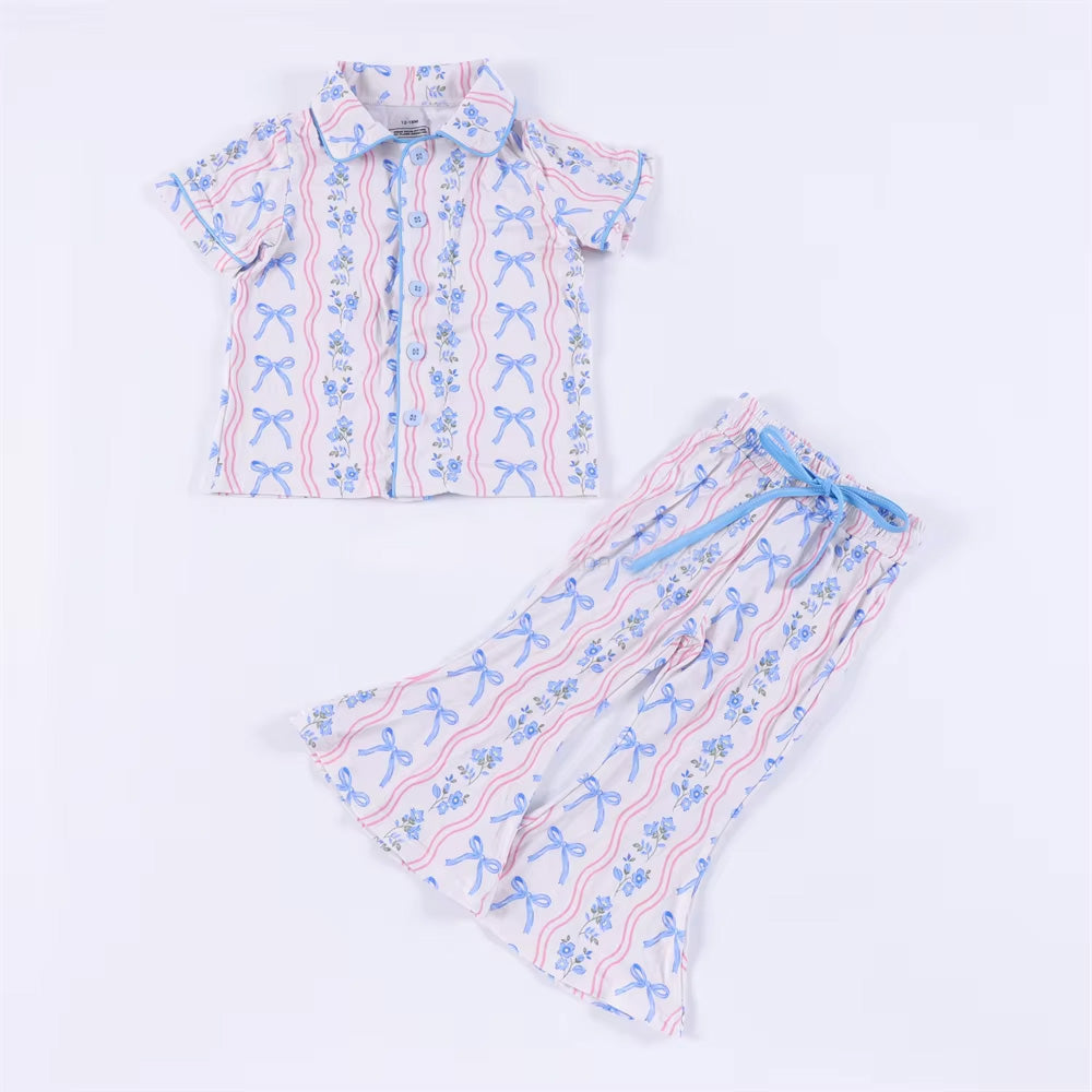 Blue floral button down shirt pants baby girls pajamas