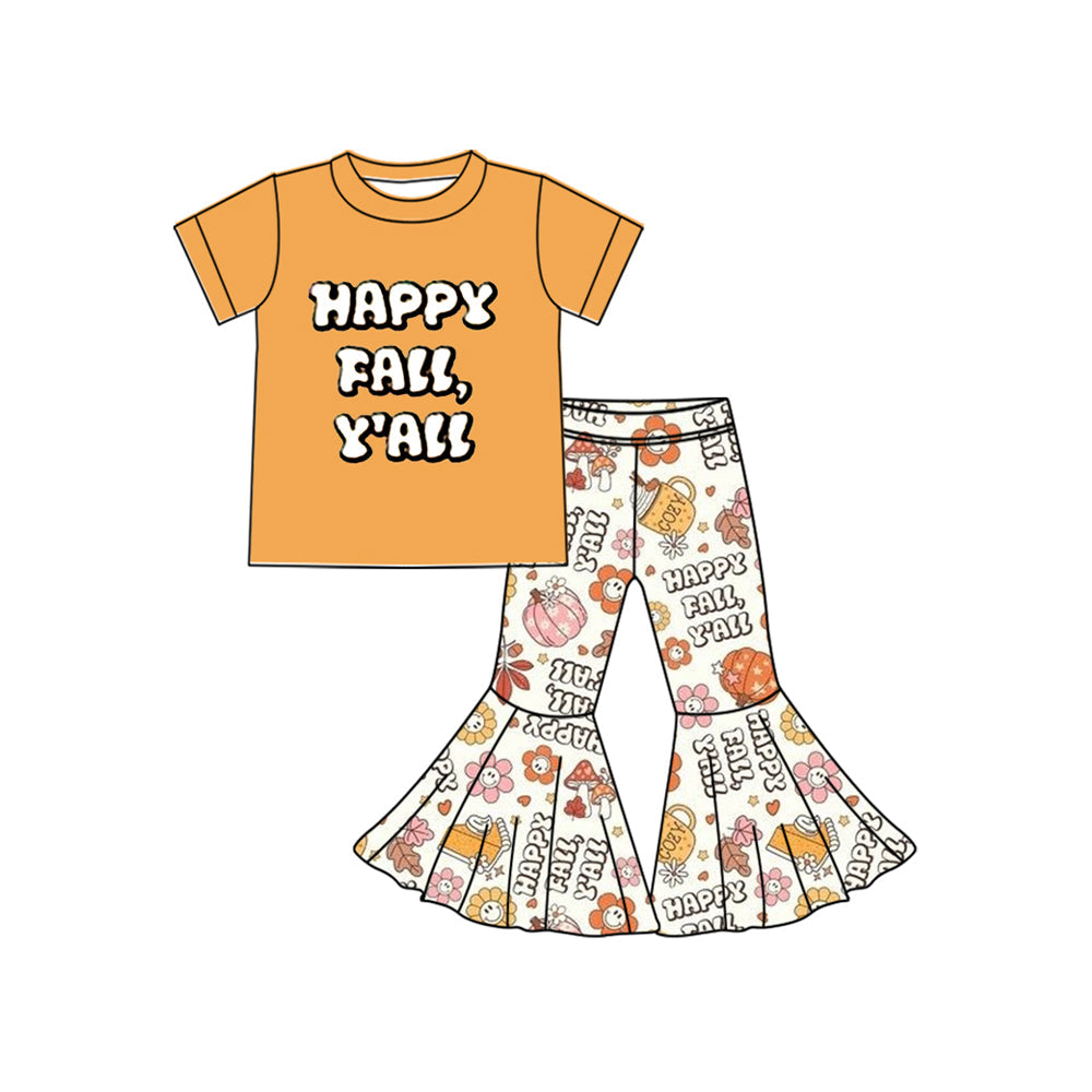 Happy fall y'all top pumpkin floral bell bottom pants girls clothes