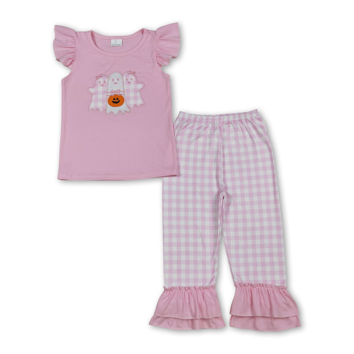 Pink ghost pumpkin top plaid ruffle pants girls Halloween clothes