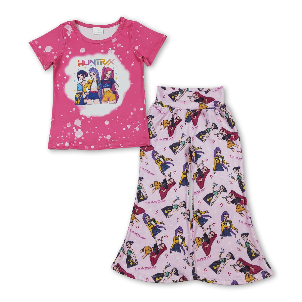 Short sleeves hot pink bleached top music pants girls outfits
