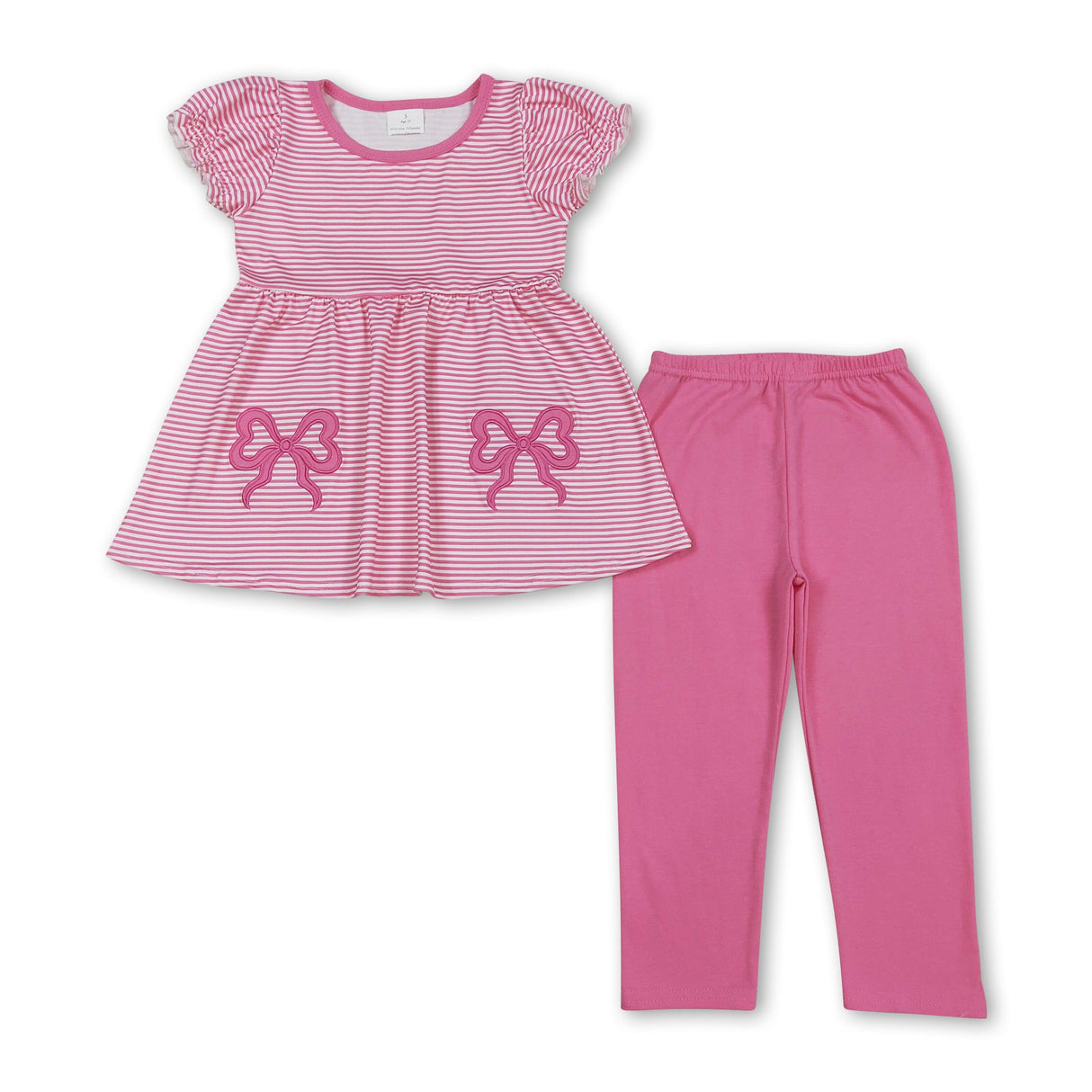 Short sleeves pink stripe bow tunic leggings girls outfits