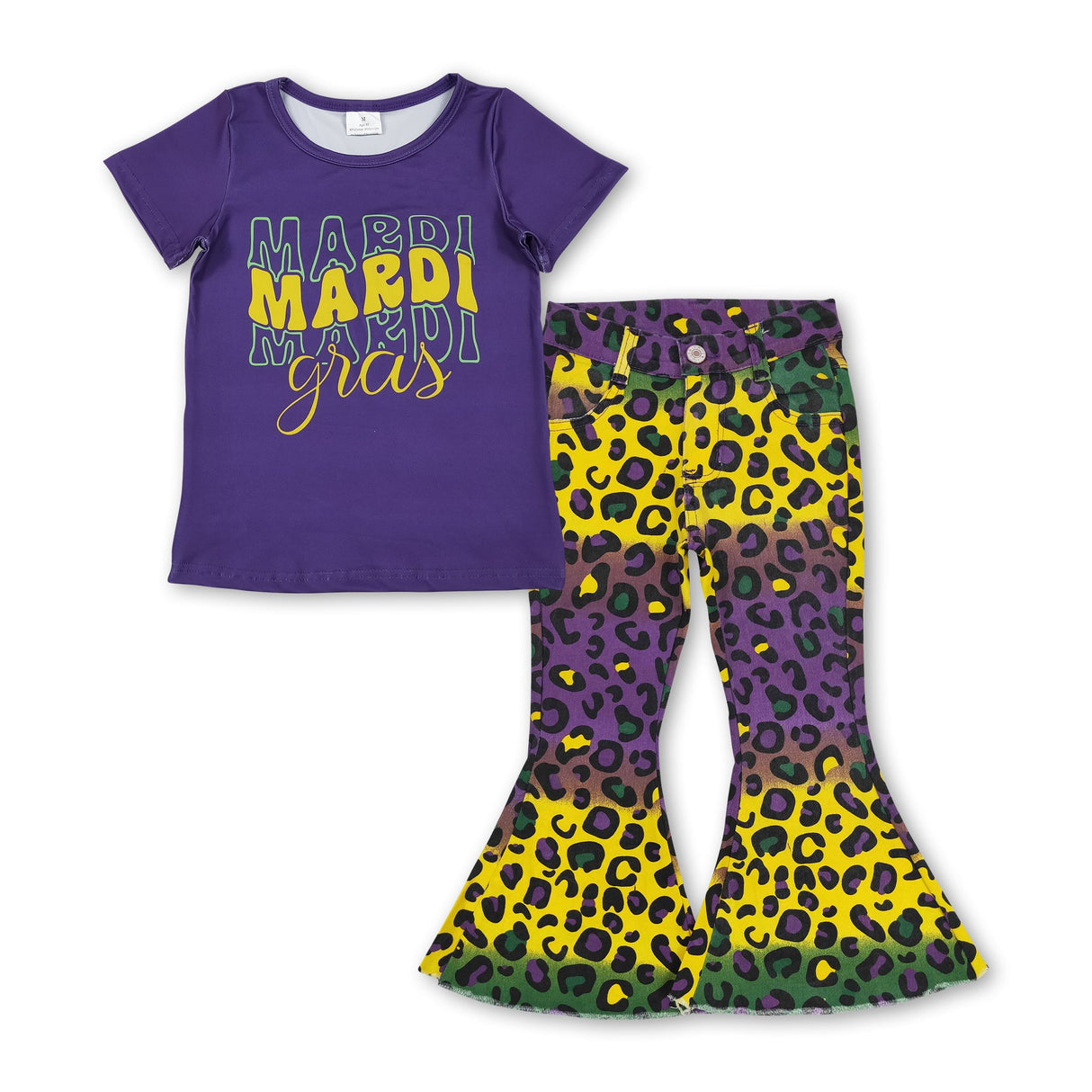 Purple Mardi Gras top leopard jeans girls clothing set