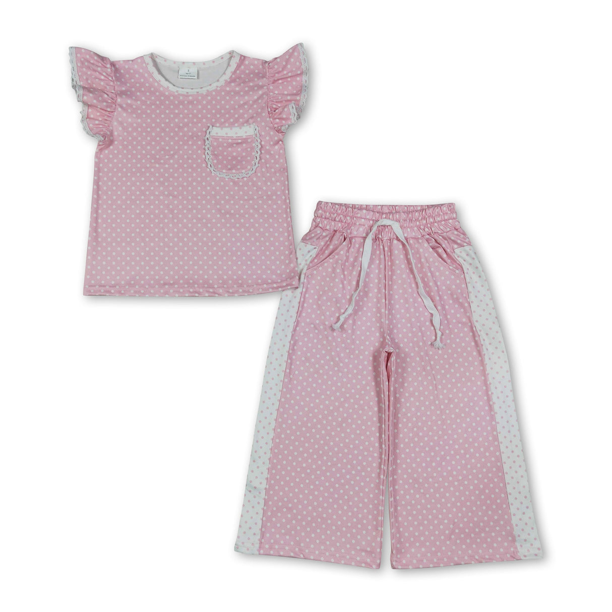 Pink polka dots flutter sleeves top pants girls outfits