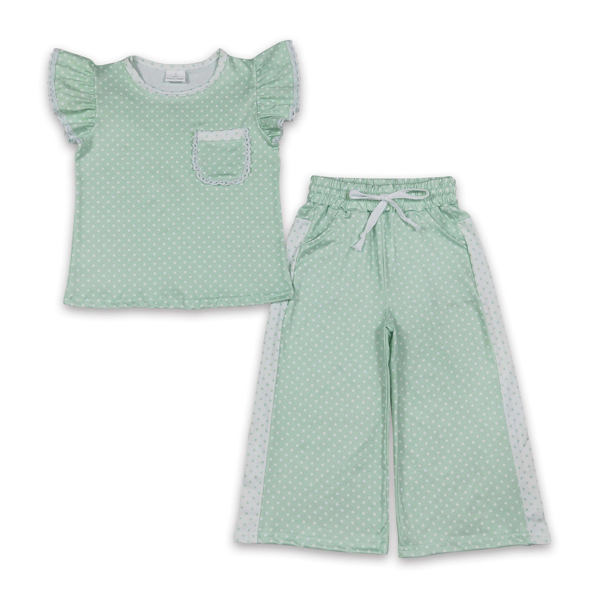 Green polka dots flutter sleeves top pants girls outfits