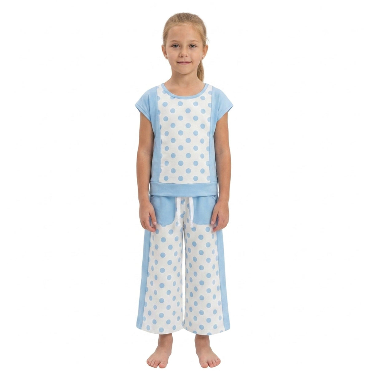 Short sleeves blue polka dots top pockets pants girls set