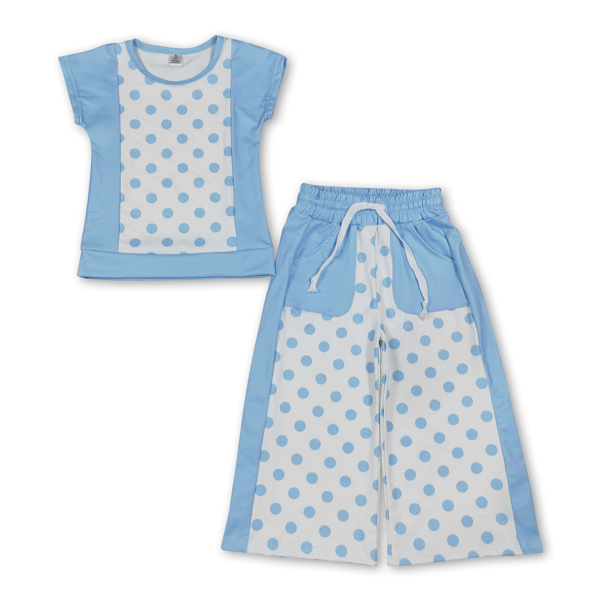 Short sleeves blue polka dots top pockets pants girls set