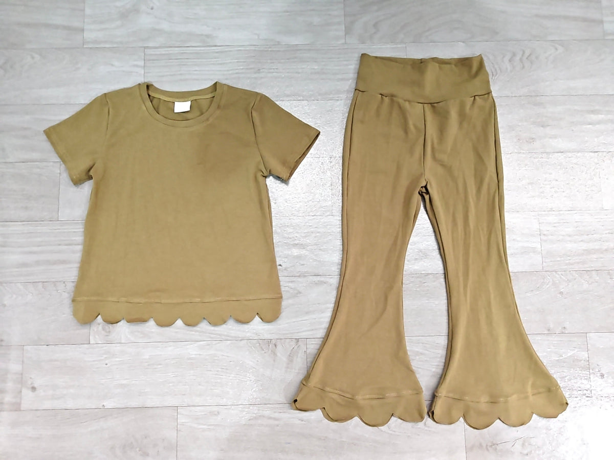 Olive short sleeves scallop top pants girls outfits