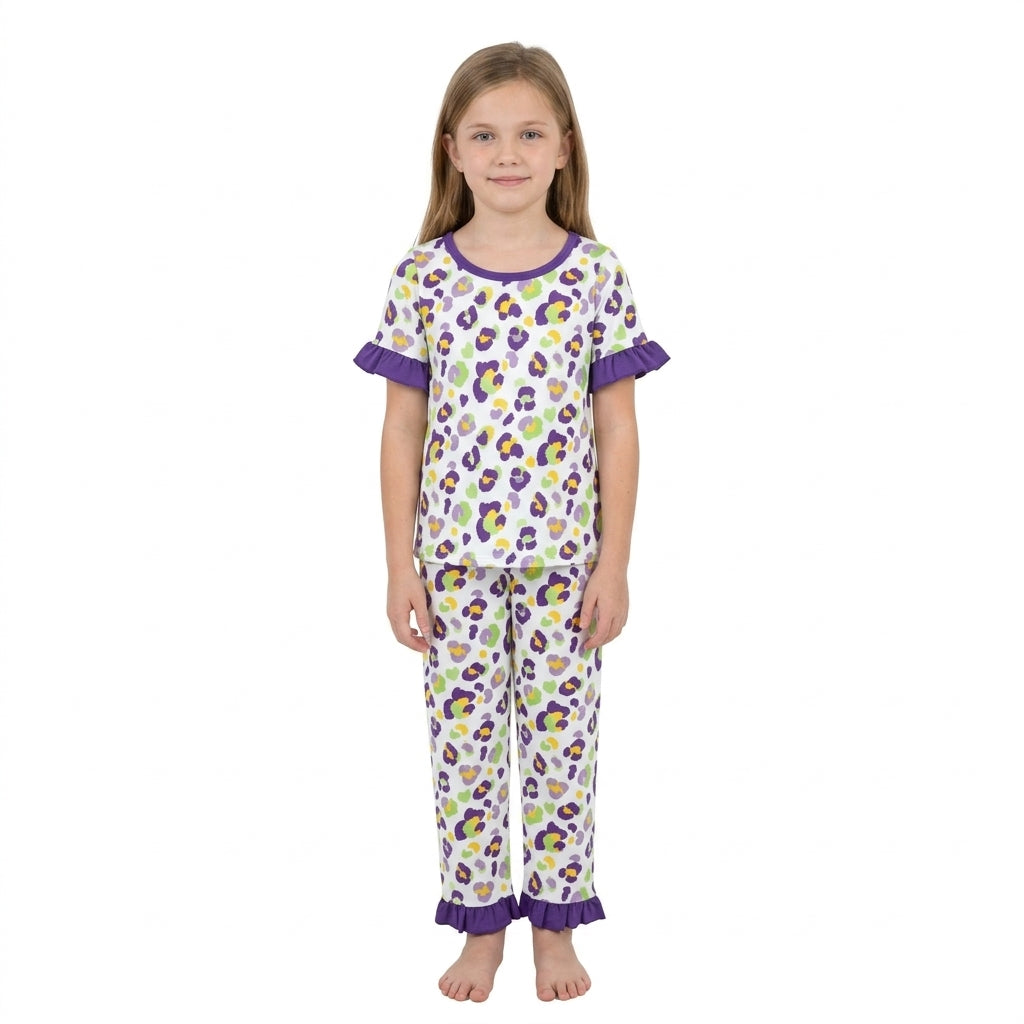 Purple ruffle leopard girls Mardi Gras pajamas