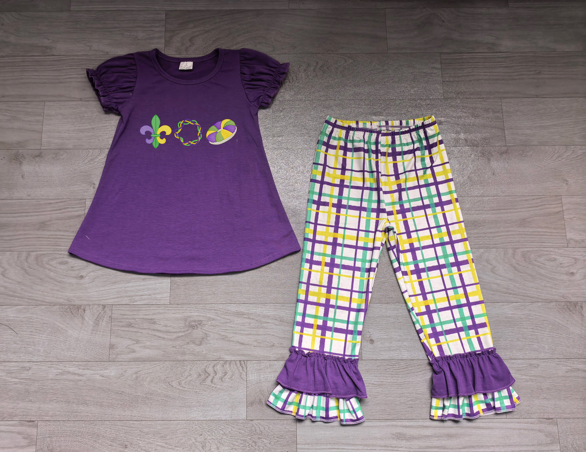 Donut embroidery cotton top pants girls Mardi Gras outfits