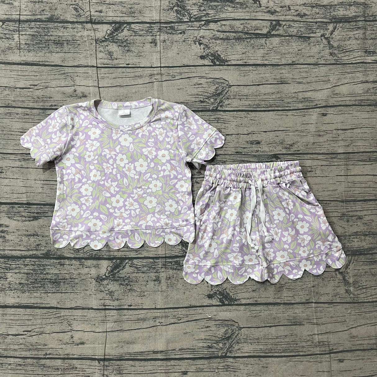 Lavender white floral scallop top shorts girls outfits
