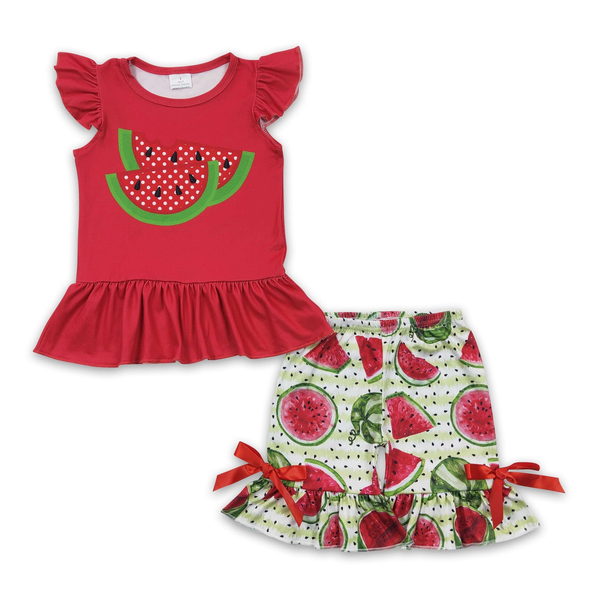 Flutter sleeves shirt watermelon ruffle shorts girls summer clothes