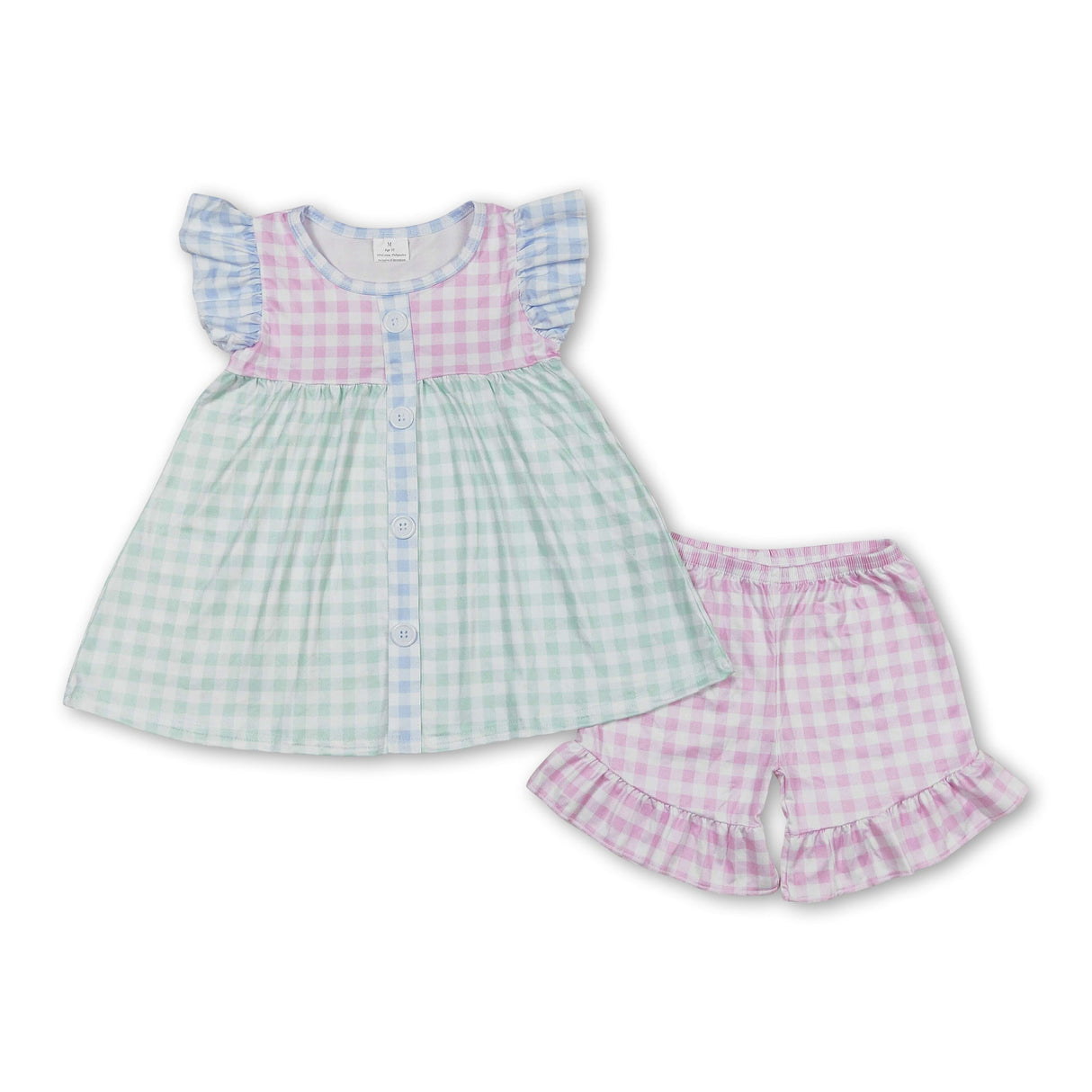Pink mint plaid flutter sleeves tunic shorts girls clothes