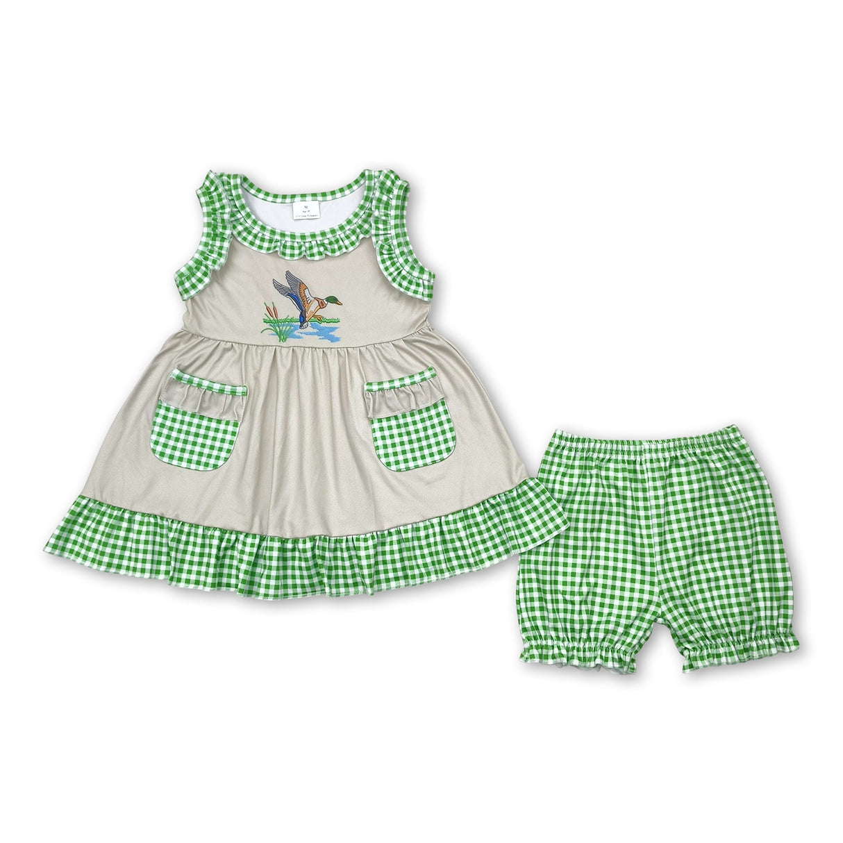 Sleeveless green plaid pockets duck girls shorts set