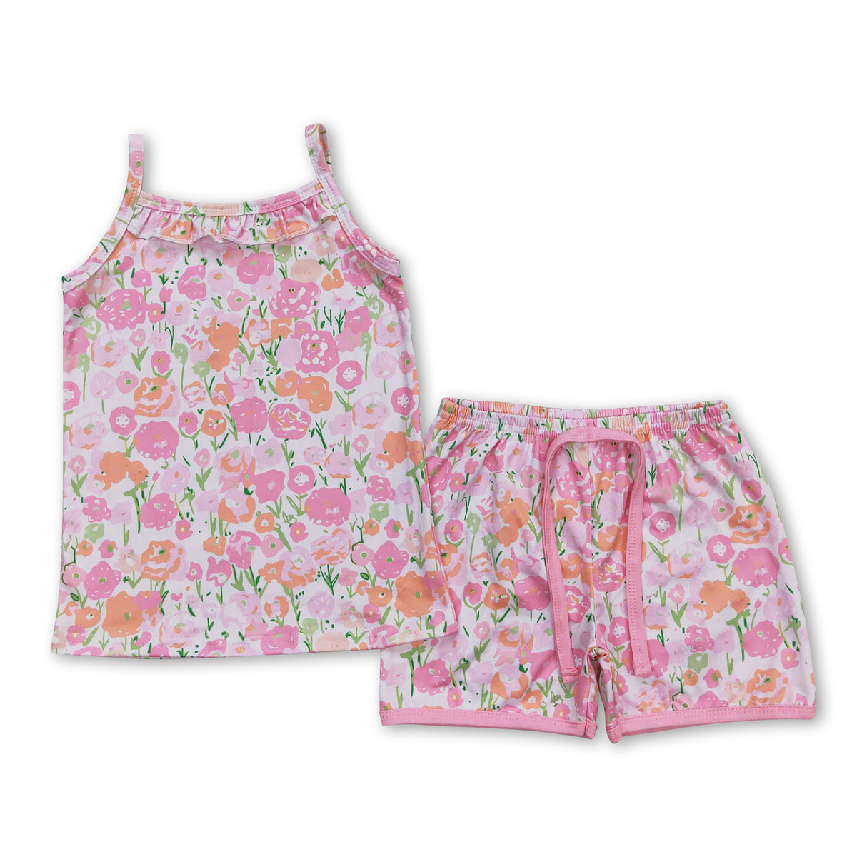 Orange floral ruffle top shorts girls summer clothing