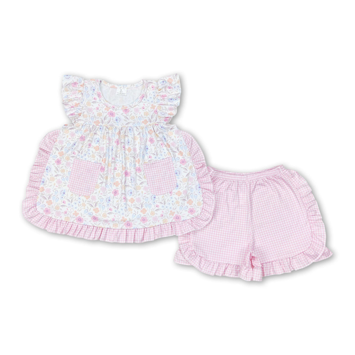 Pockets floral tunic plaid shorts girls summer clothing