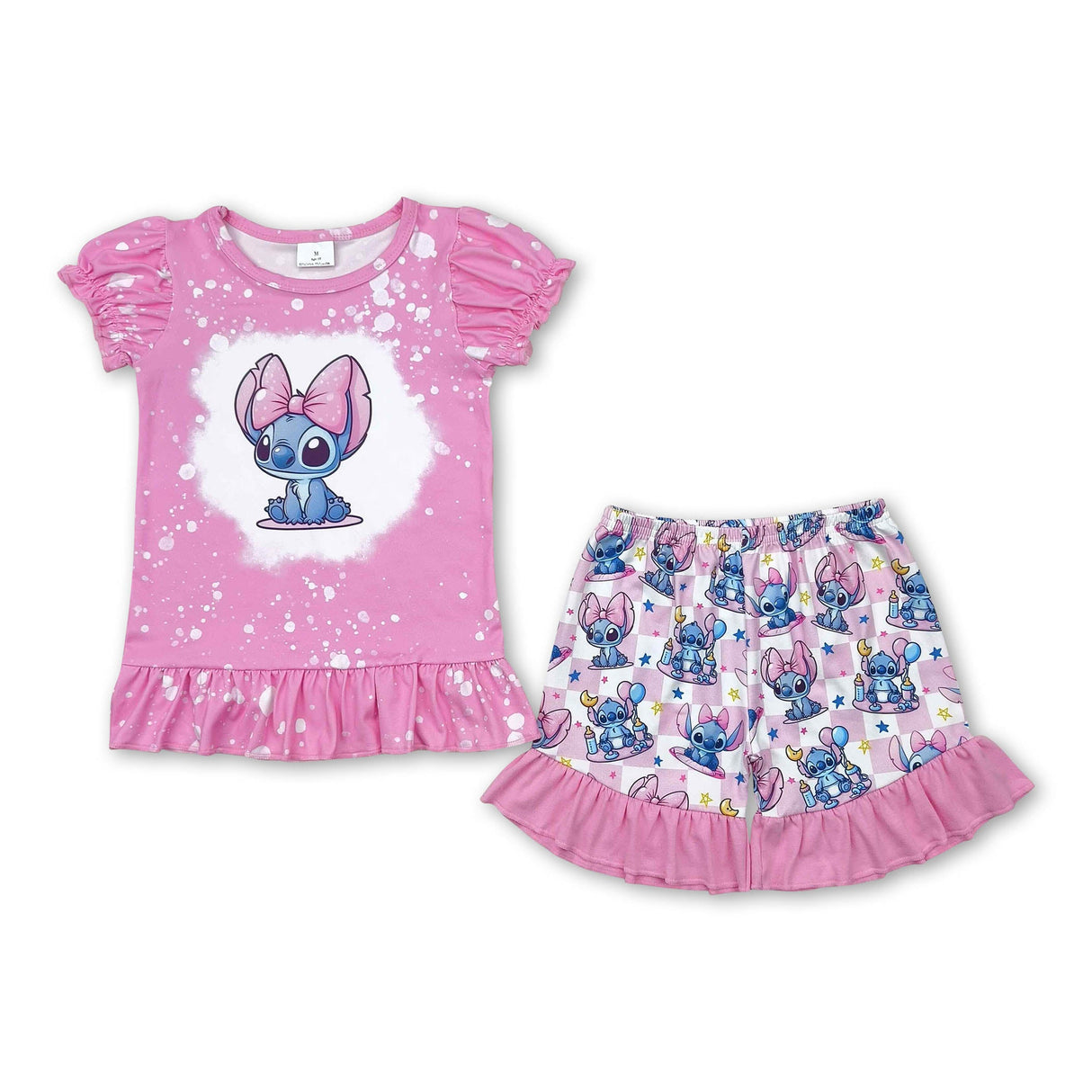 Pink bleached koala bow top shorts girls clothing