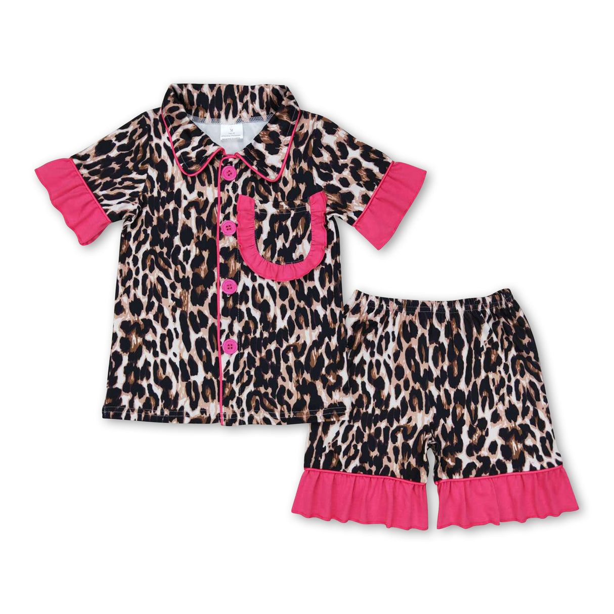 Ruffle short sleeves leopard girls button down pajamas