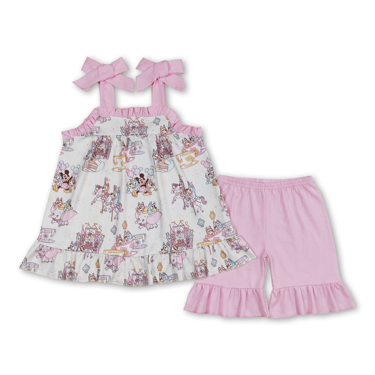 Pink straps unicorn mouse dog girls clothing set