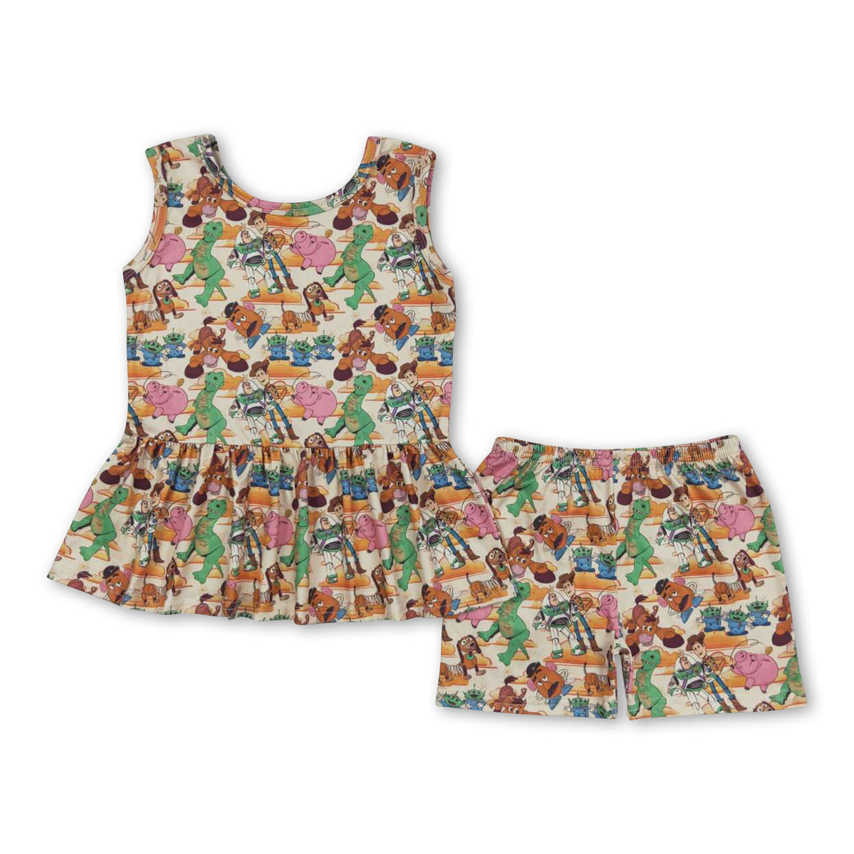 Sleeveless pig dinosaur toy peplum shorts girls clothes