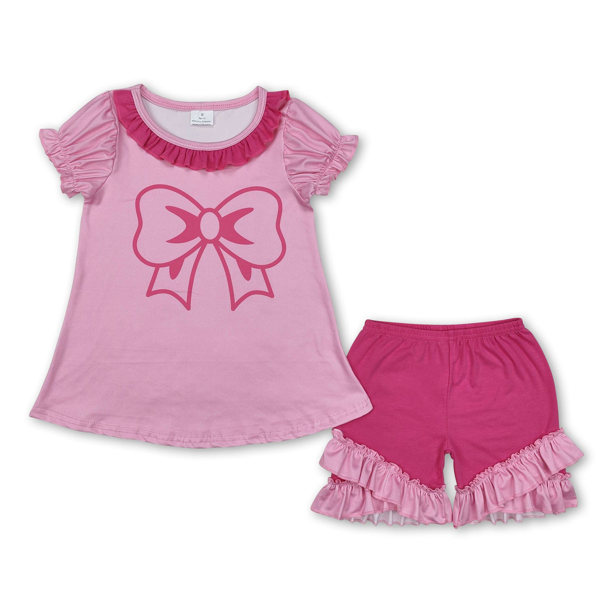 Pink bow short sleeves tunic ruffle shorts girls clothes