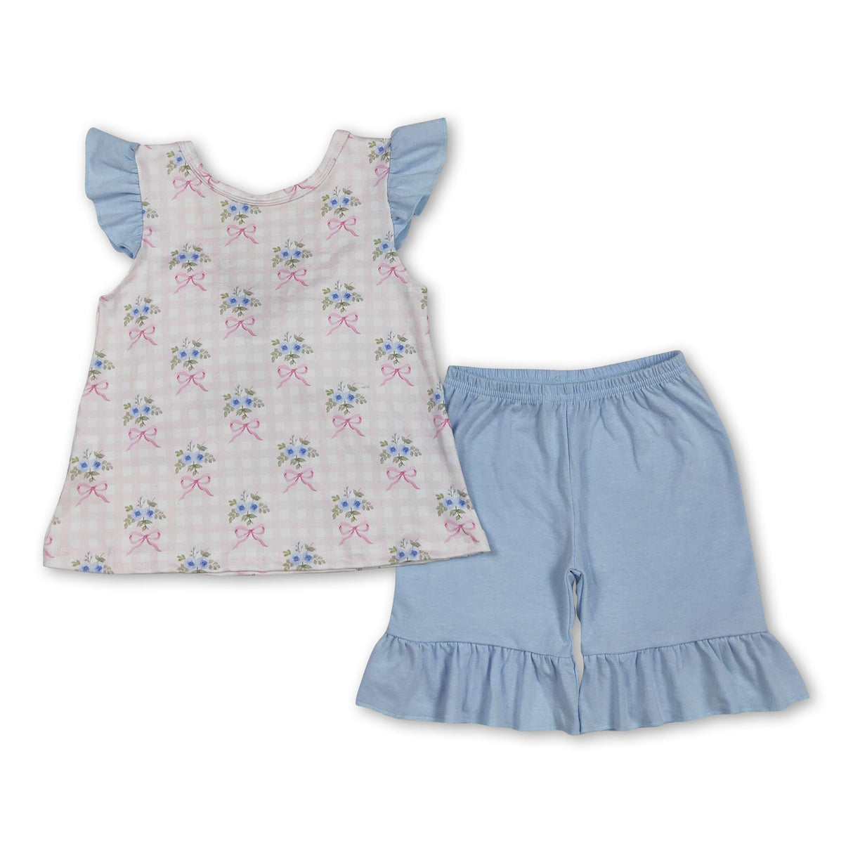 Flutter sleeves floral bow plaid top shorts girls clothes