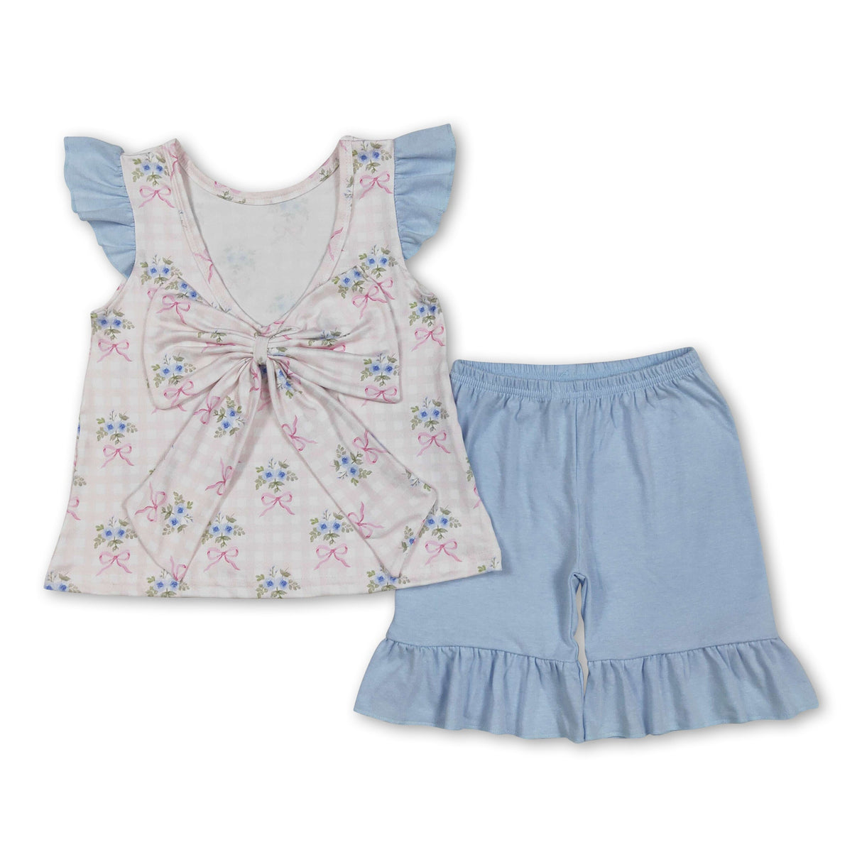 Flutter sleeves floral bow plaid top shorts girls clothes
