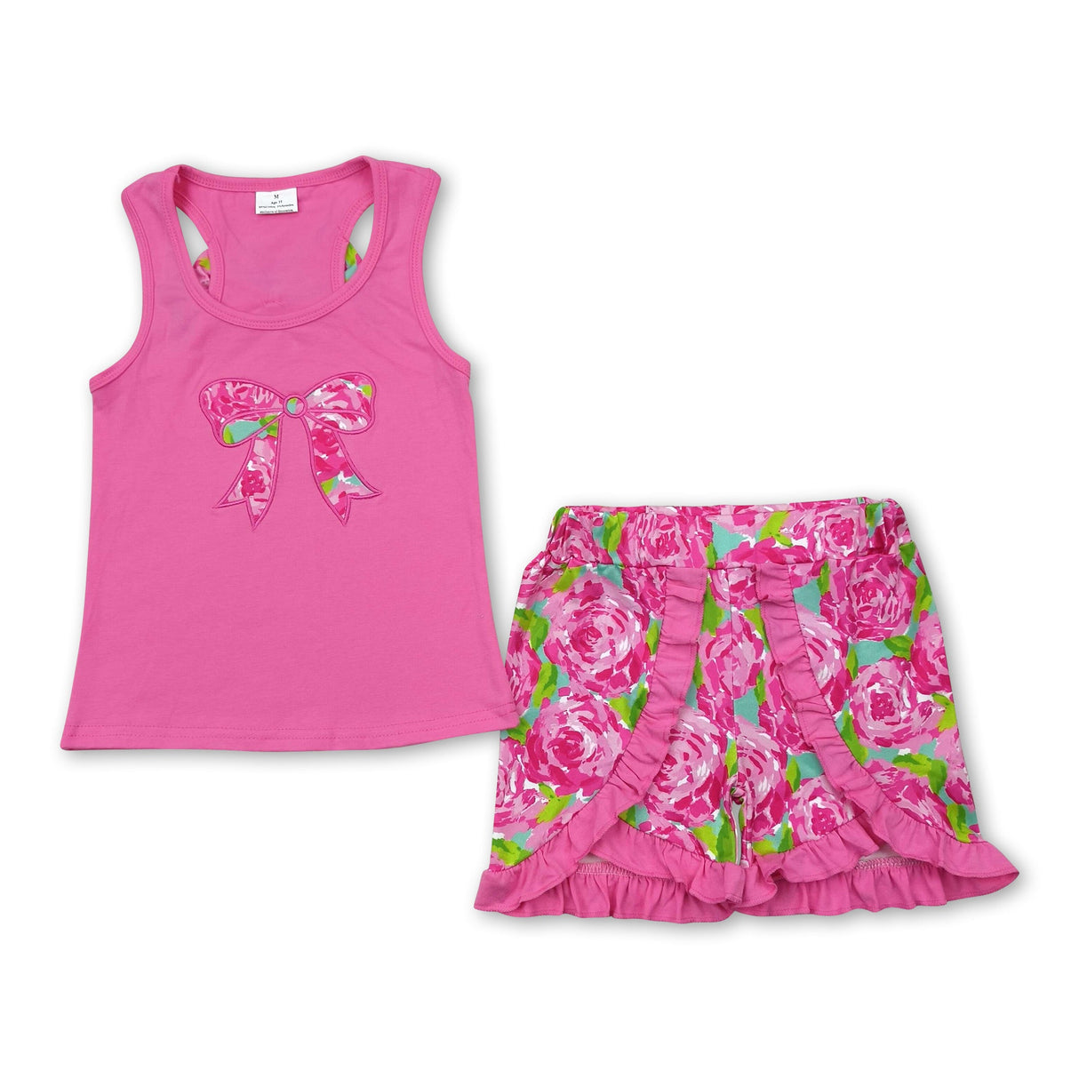 Hot pink bow top floral ruffle shorts baby girls clothing