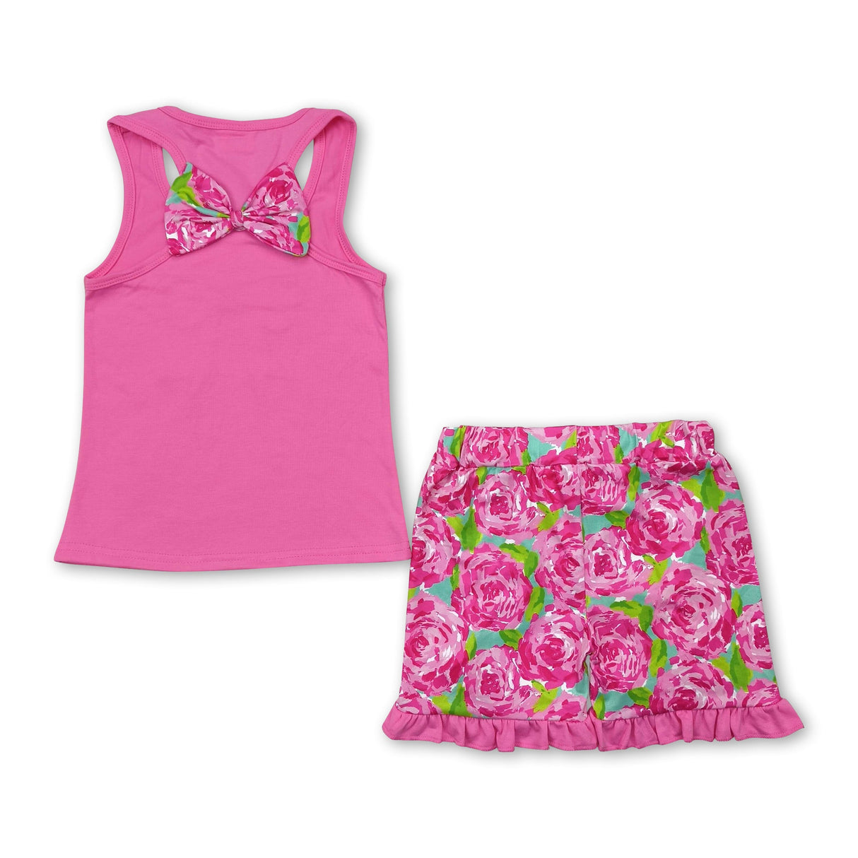 Hot pink bow top floral ruffle shorts baby girls clothing