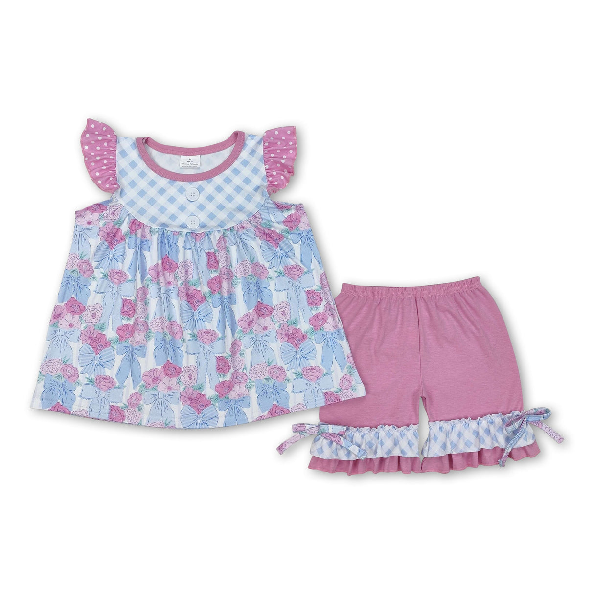 Flutter sleeves floral bow tunic ruffle shorts baby girls clothes