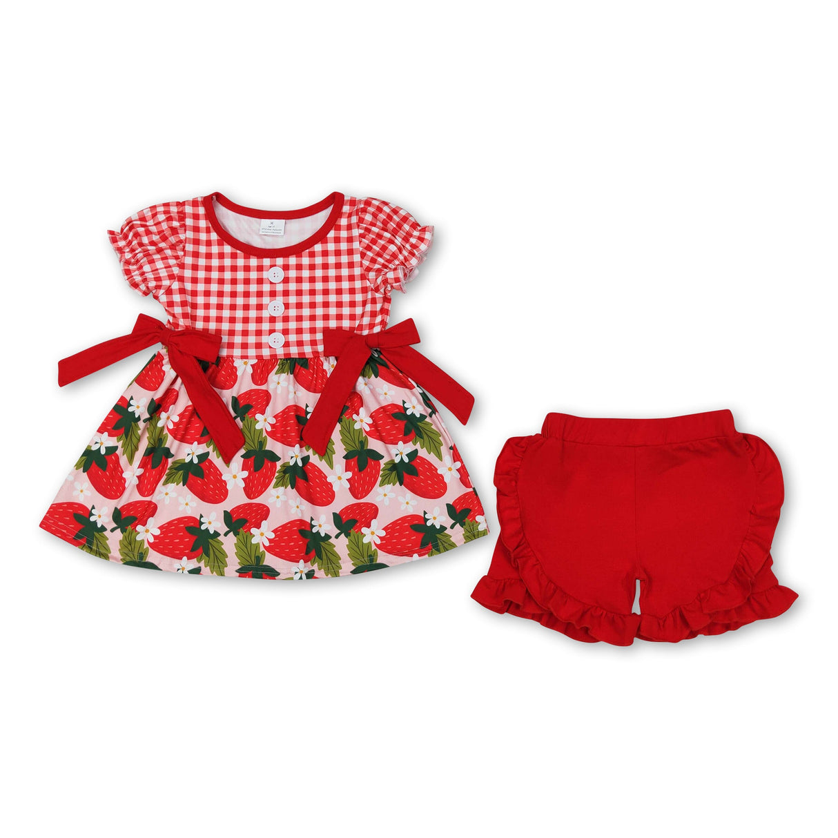 Red plaid short sleeves strawberry tunic shorts girls clothes
