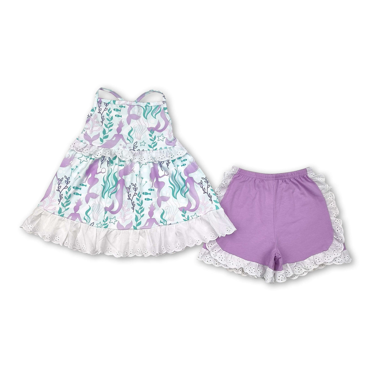 Straps seaweed mermaid tunic ruffle shorts girls summer clothes
