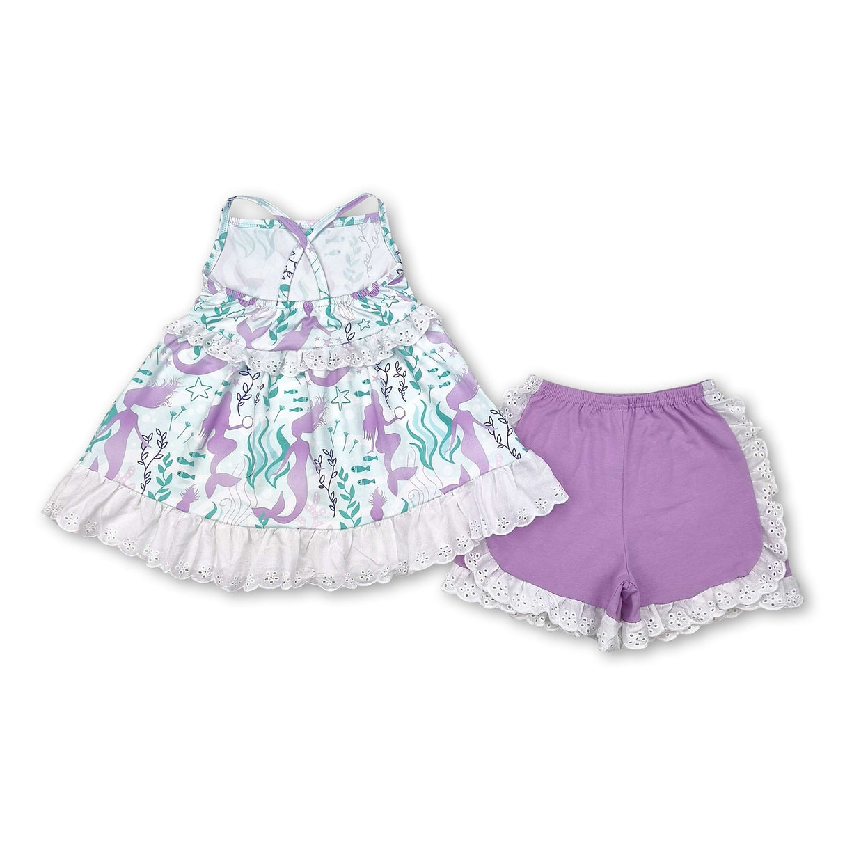 Straps seaweed mermaid tunic ruffle shorts girls summer clothes