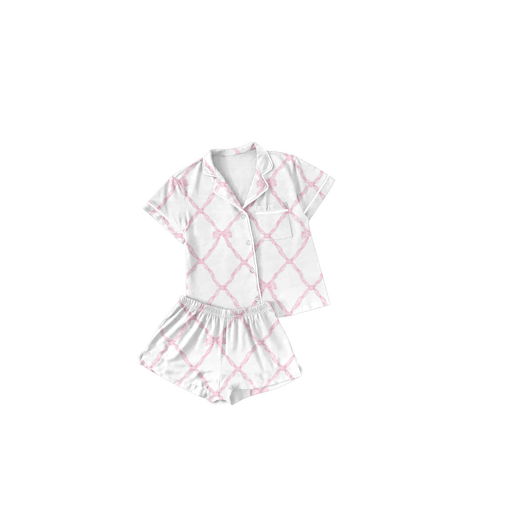 Short sleeves pink bow baby girls button down pajamas