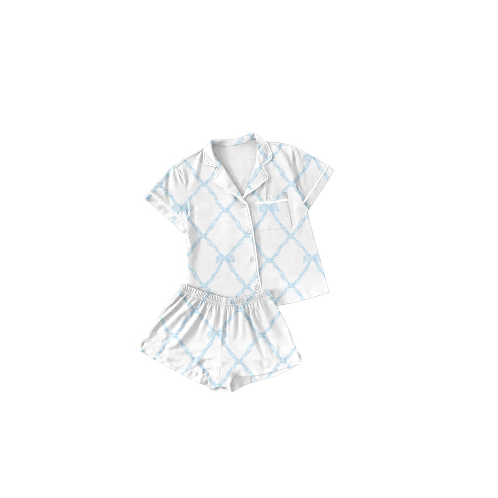 Short sleeves light blue bow baby girls button down pajamas