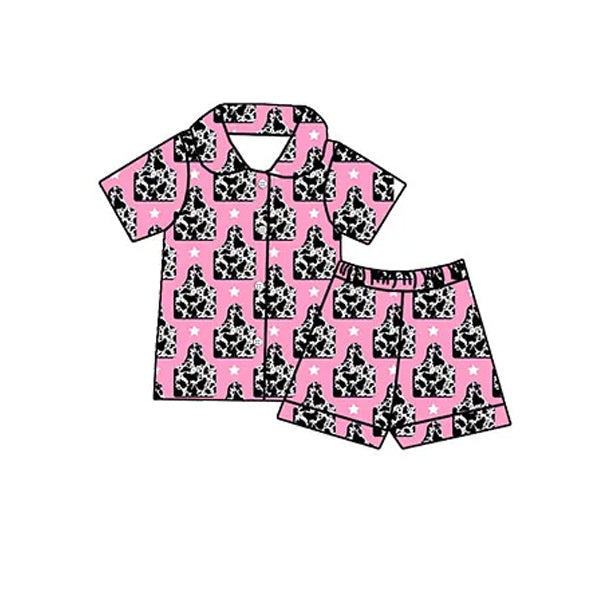 Pink short sleeves cow tag kids girls button down pajamas
