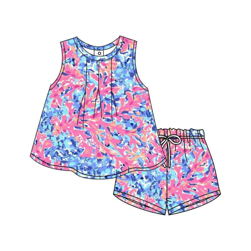 Sleeveless pink blue watercolor floral girls summer outfits