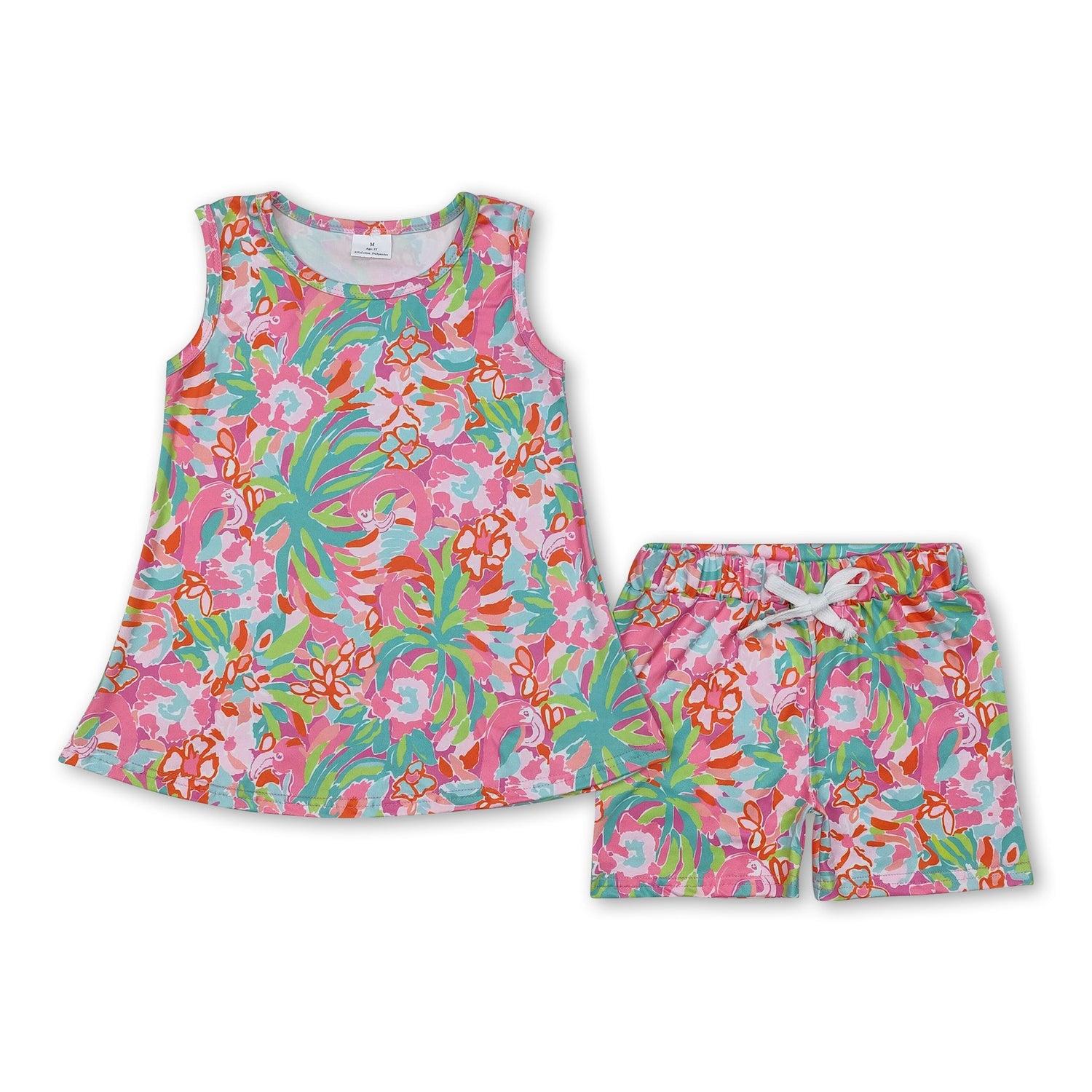 Sleeveless green peach watercolor floral girls summer outfits