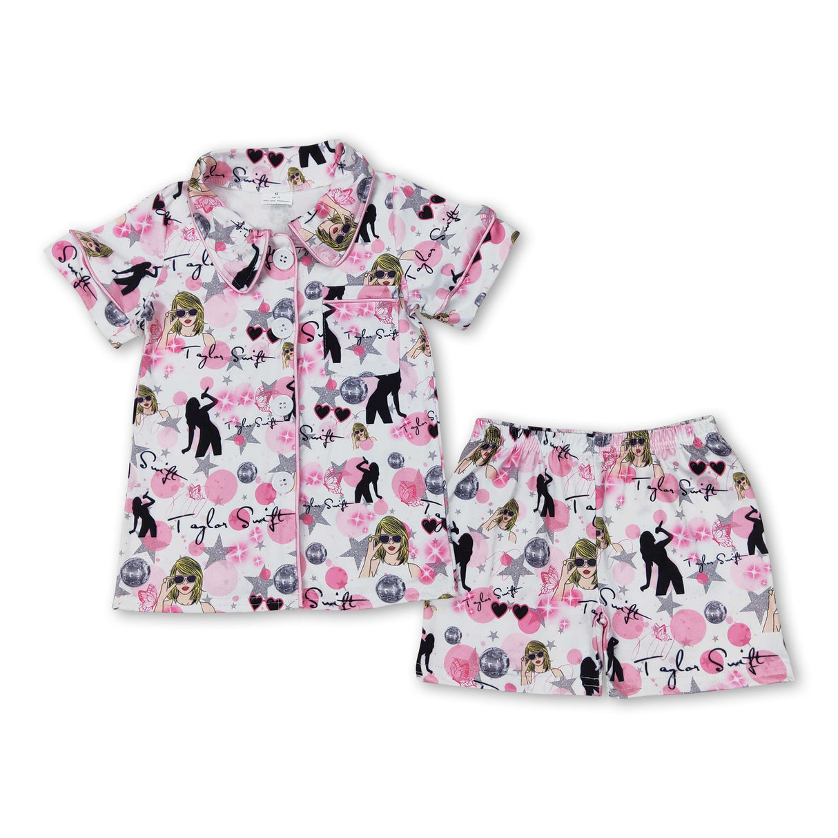 Pink short sleeves stars singer girls button down pajamas