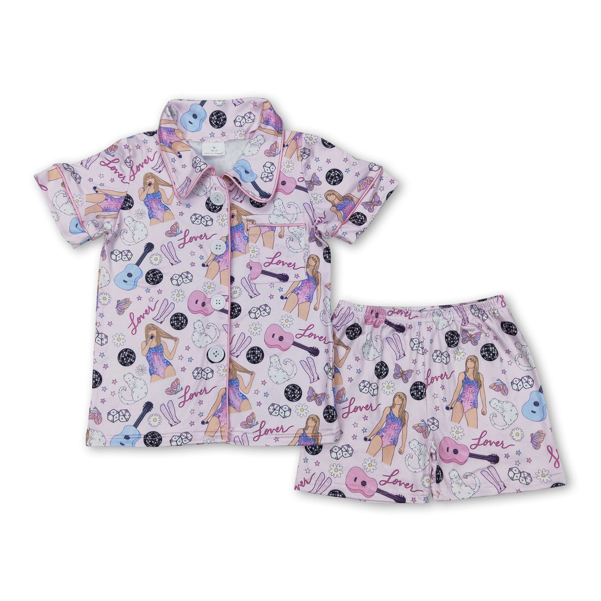 Short sleeves guitar boots singer girls button down pajamas