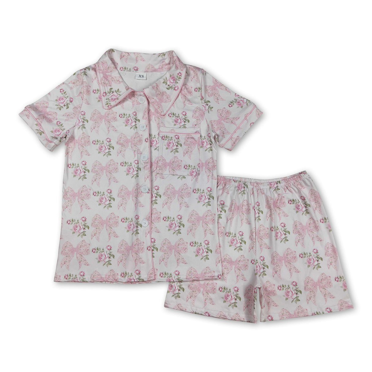 Pink short sleeves bow floral women button down pajamas