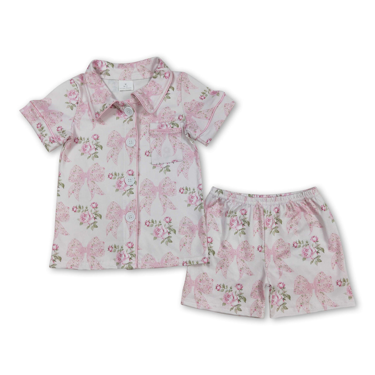 Pink short sleeves bow floral baby girls button down pajamas