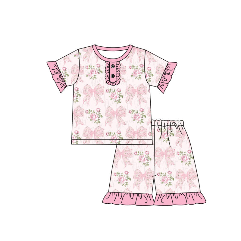 Ruffle short sleeves bow floral baby girls pajamas