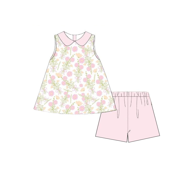 Sleeveless floral bow tunic pink shorts girls clothes