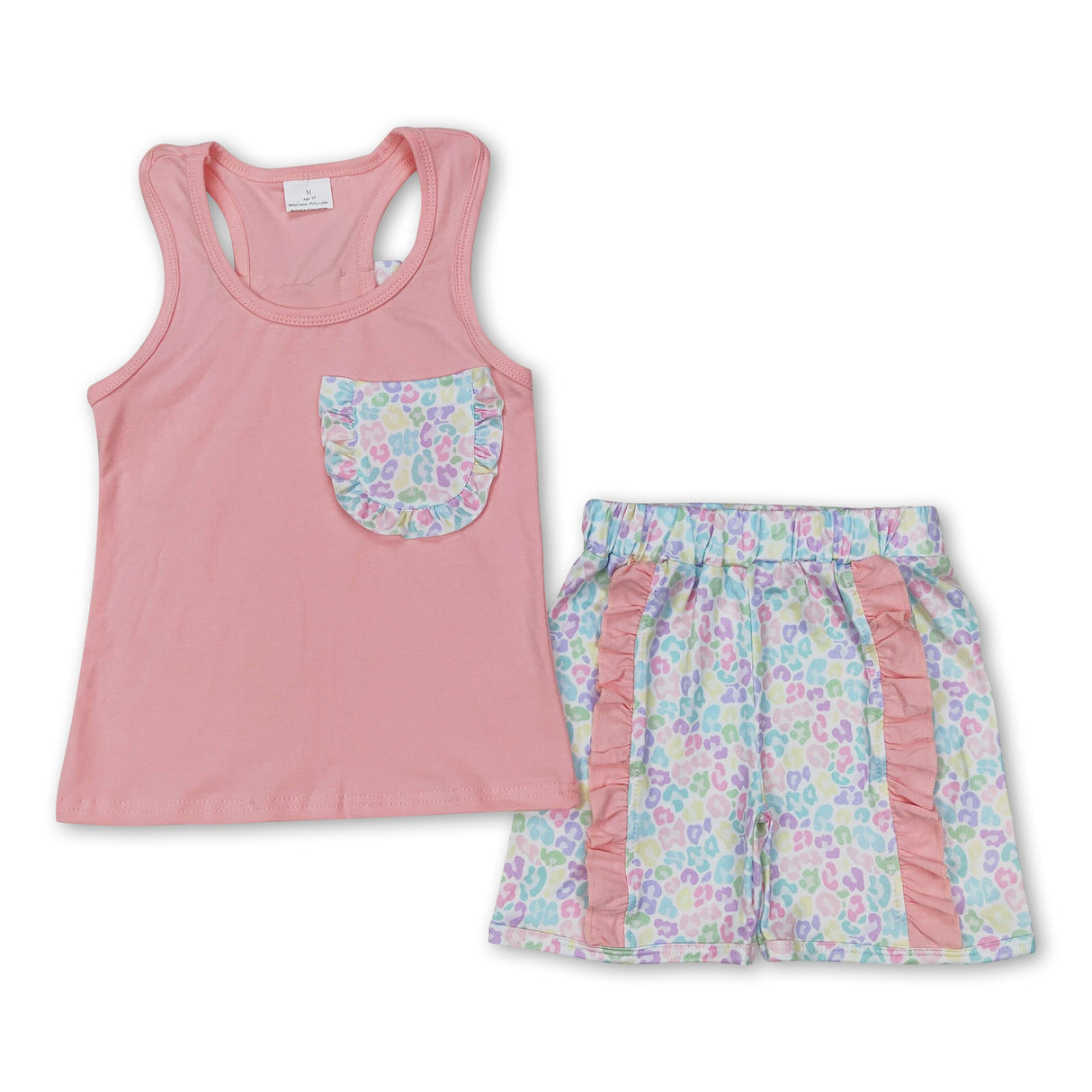 Leopard pocket sleeveless top ruffle shorts girls clothes