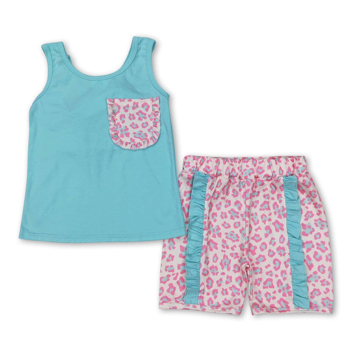 Leopard pocket sleeveless mint top ruffle shorts girls clothes
