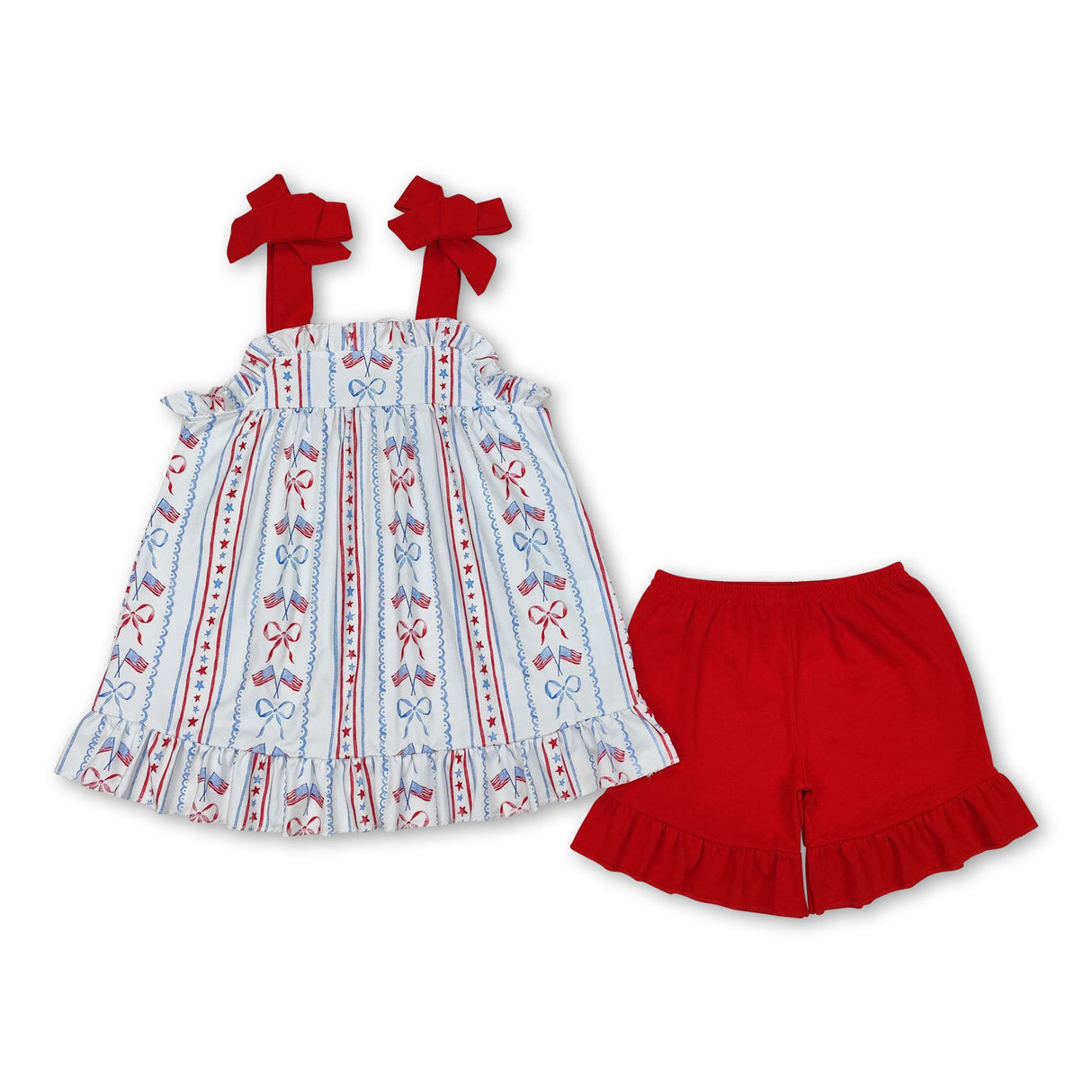 Red straps flag bow tunic shorts girls 4th of july outfits