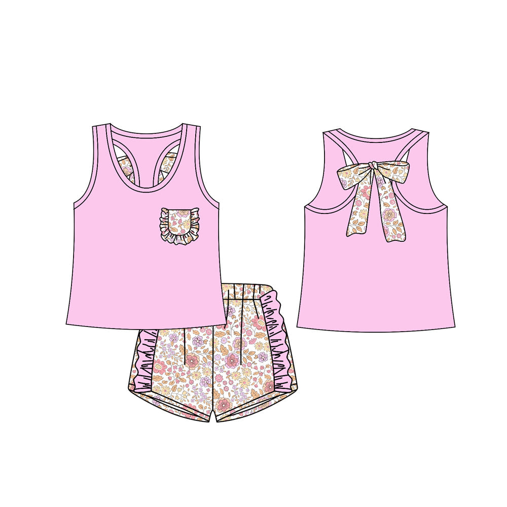 Pink sleeveless floral bow ruffle shorts girls clothes