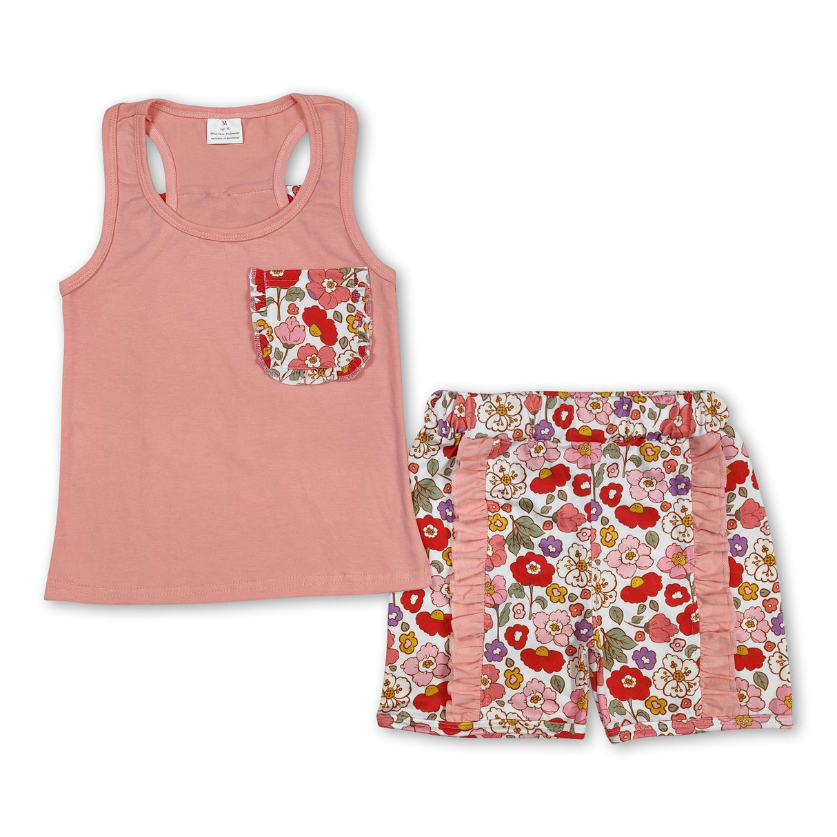 Peach sleeveless floral bow ruffle shorts girls clothes